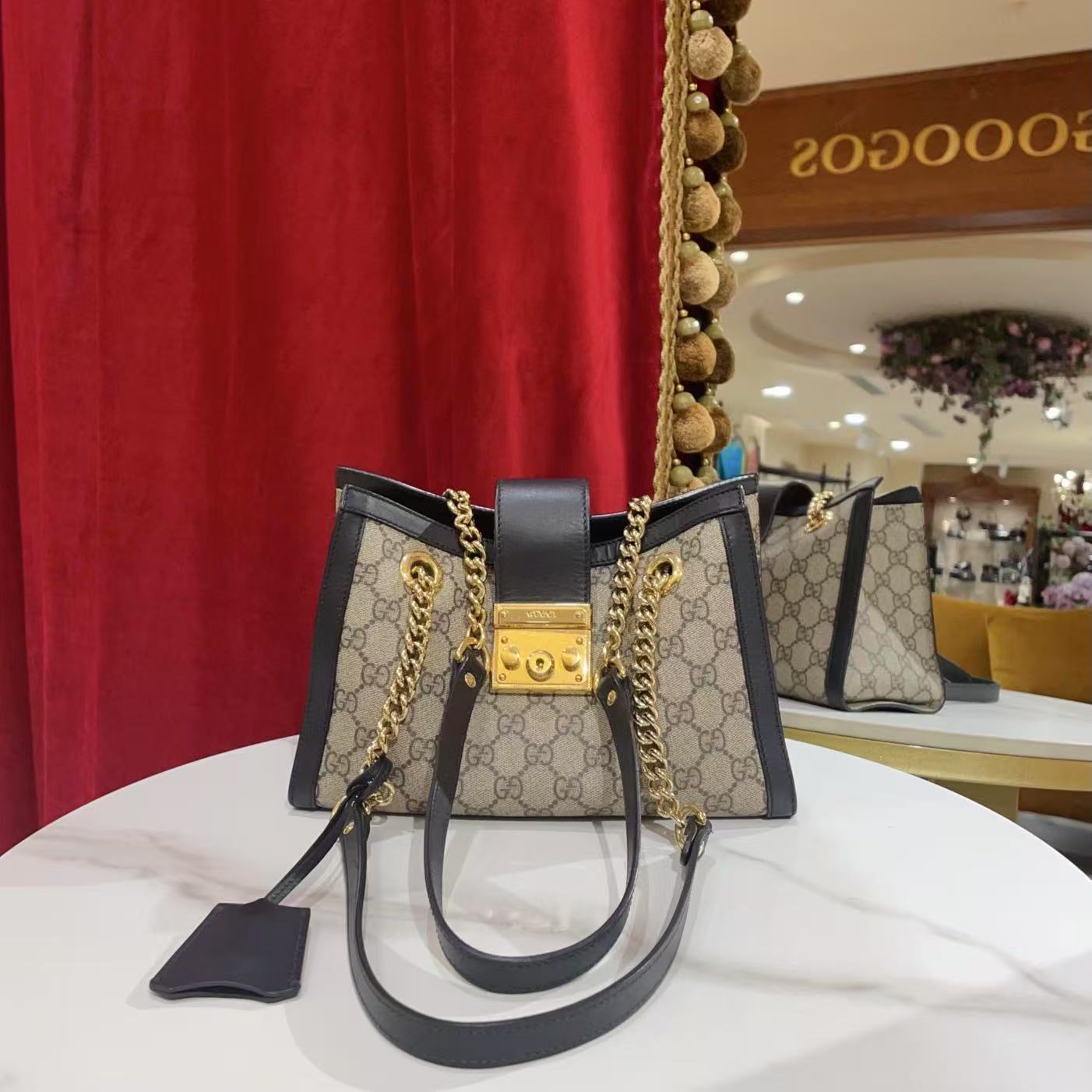 95新 GUCCI/古驰 GGSpadlock小号黑色拼老花金扣单肩包 70735733