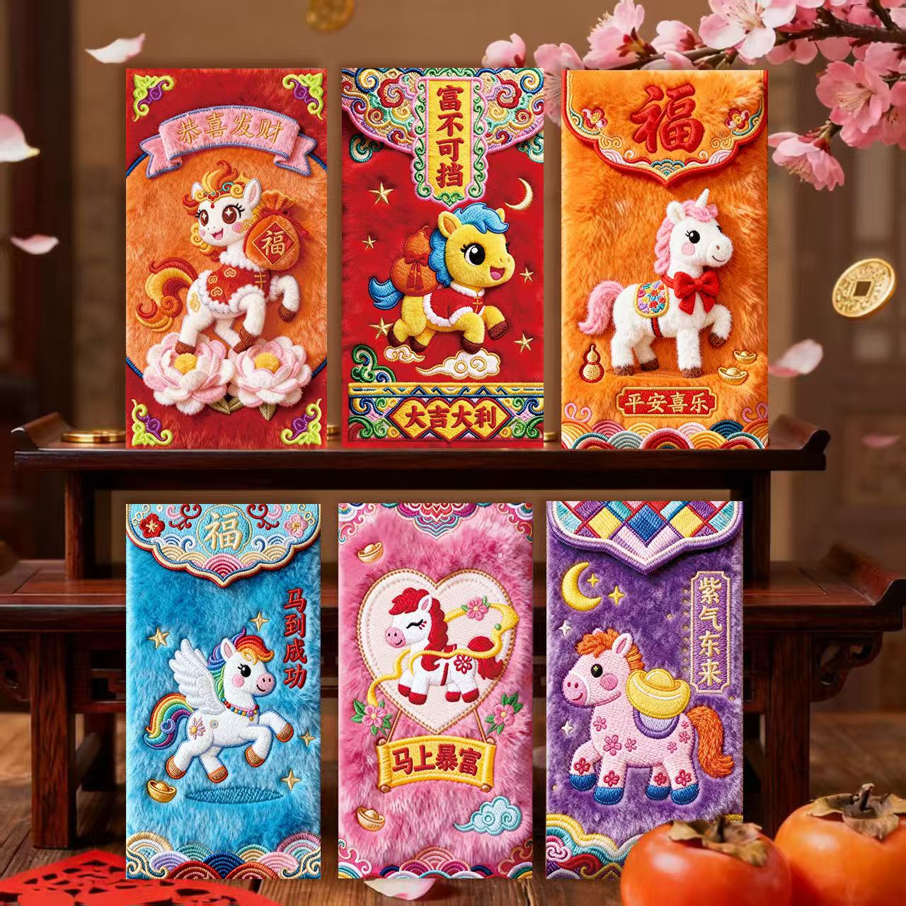 马年春节创意5D立体毛绒刺绣风格可爱卡通Q版利是封压岁钱红包