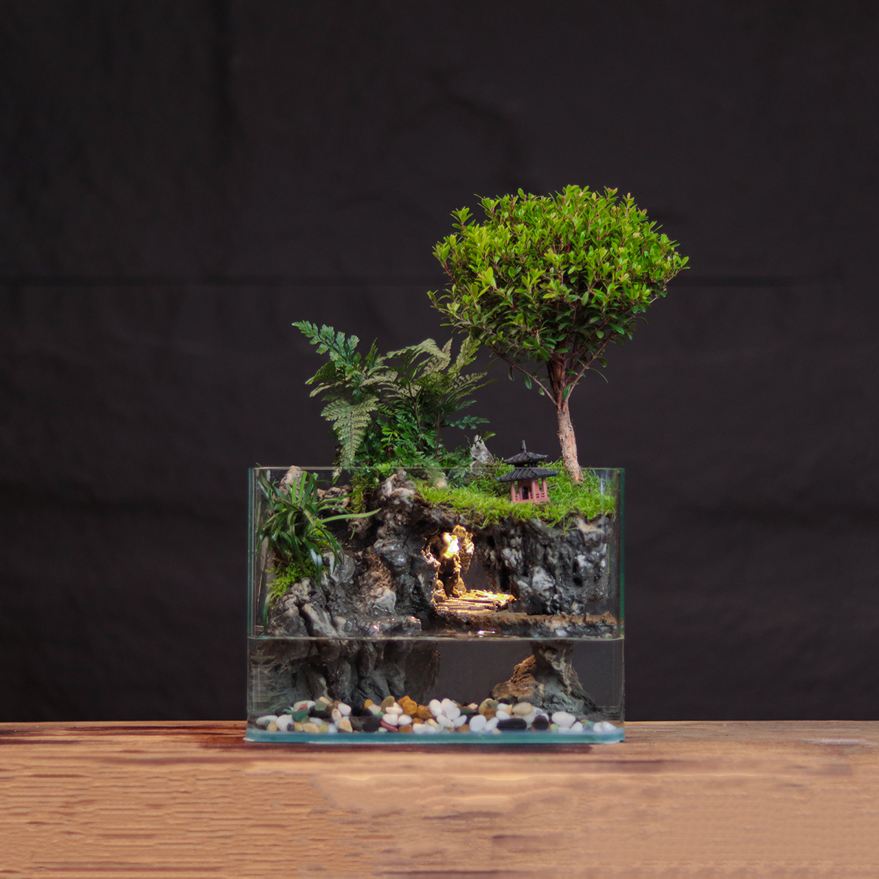 [云端之上]小叶赤楠绿植国风流水摆件微景观发光鱼缸25*16*18cm