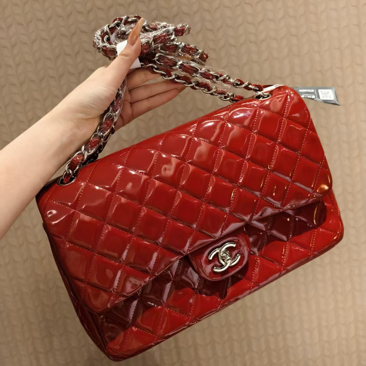 99新 Chanel/香奈儿 红色漆皮jumbo斜挎包