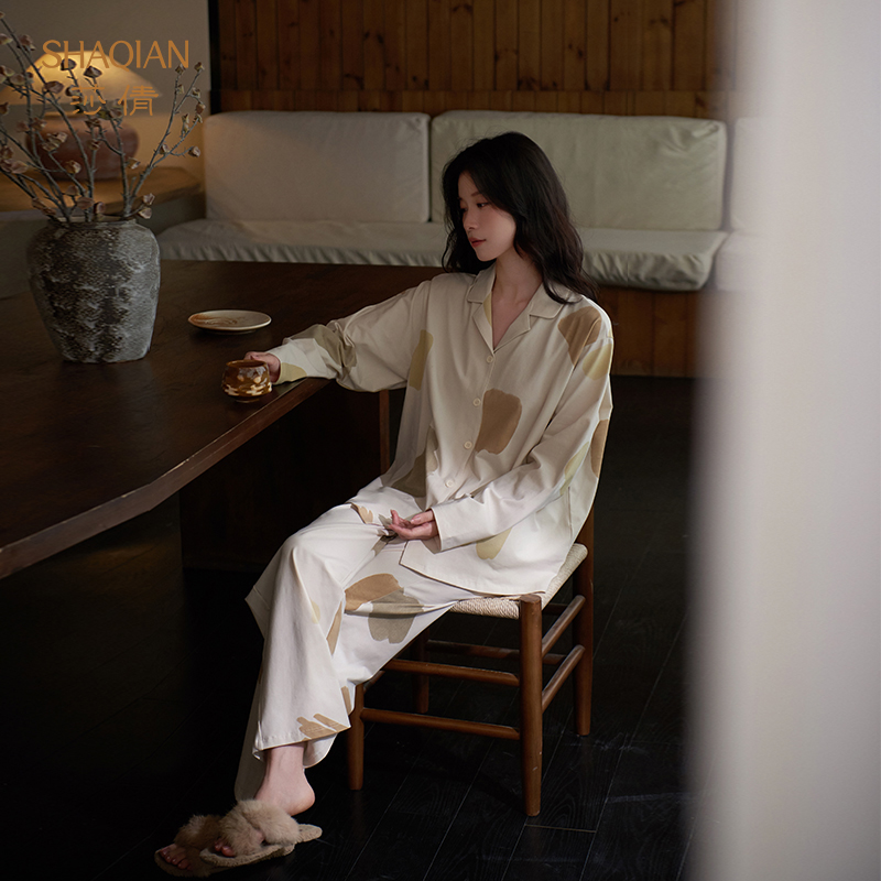 莎倩2025年春秋季新款女士柔软纯棉睡衣可外穿轻奢翻领家居服套装