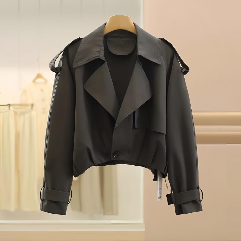 W220春秋短款风衣黑色常规款薄款运动风法式韩版纽扣网红