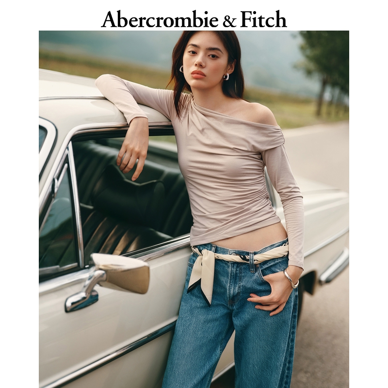 AF女装25秋季新款褶皱斜肩露肩长袖T恤139-5709