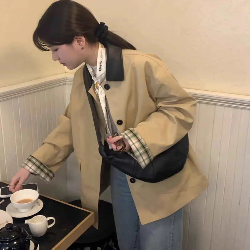 巴恩风撞色拼接格纹风衣外套女2025春季新款设计感百搭中长款大衣