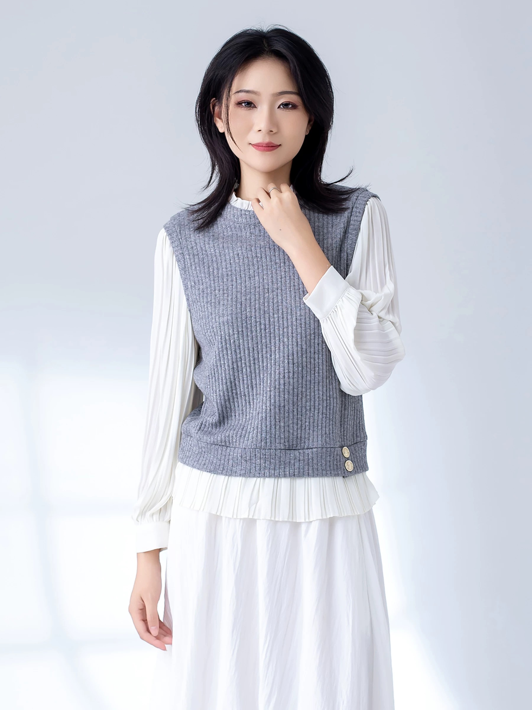 拼接套头款针织假两件款毛针织衫时尚打底百搭S022