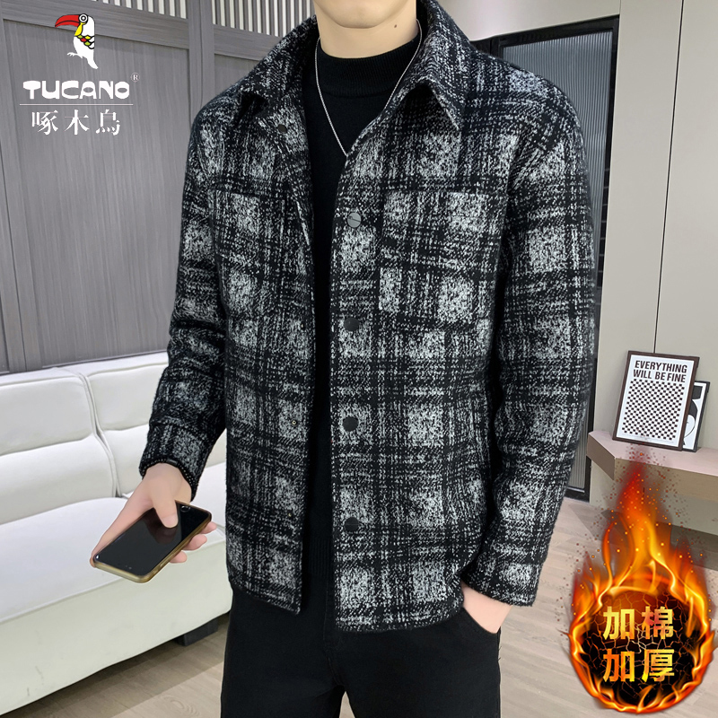 TUCANO/啄木鳥男装夹克秋冬加棉加厚潮流时尚宽松格子毛呢外套男