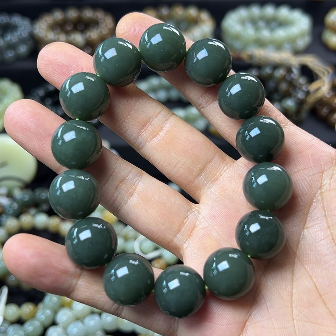 和田玉手链未镶嵌且末蓝卡14圆珠 油润