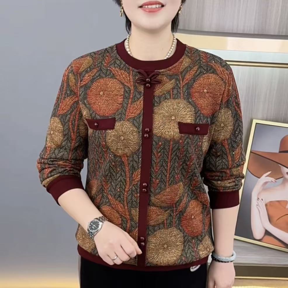 秋冬新款时尚圆领印花洋气妈妈装加绒保暖显瘦百搭长袖上衣H6631