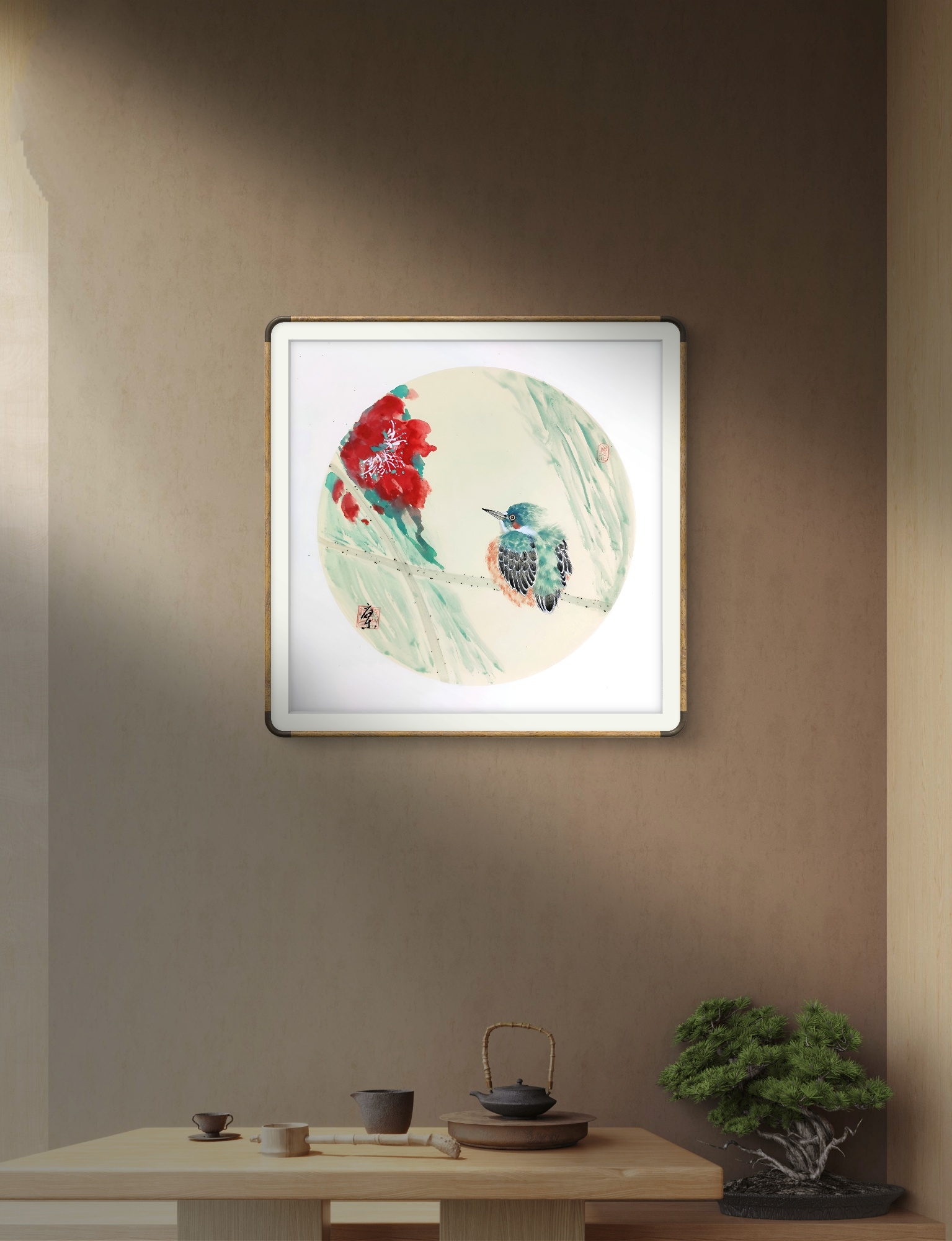 新中式餐厅装饰画花鸟图实木框玄关挂画饭厅壁画