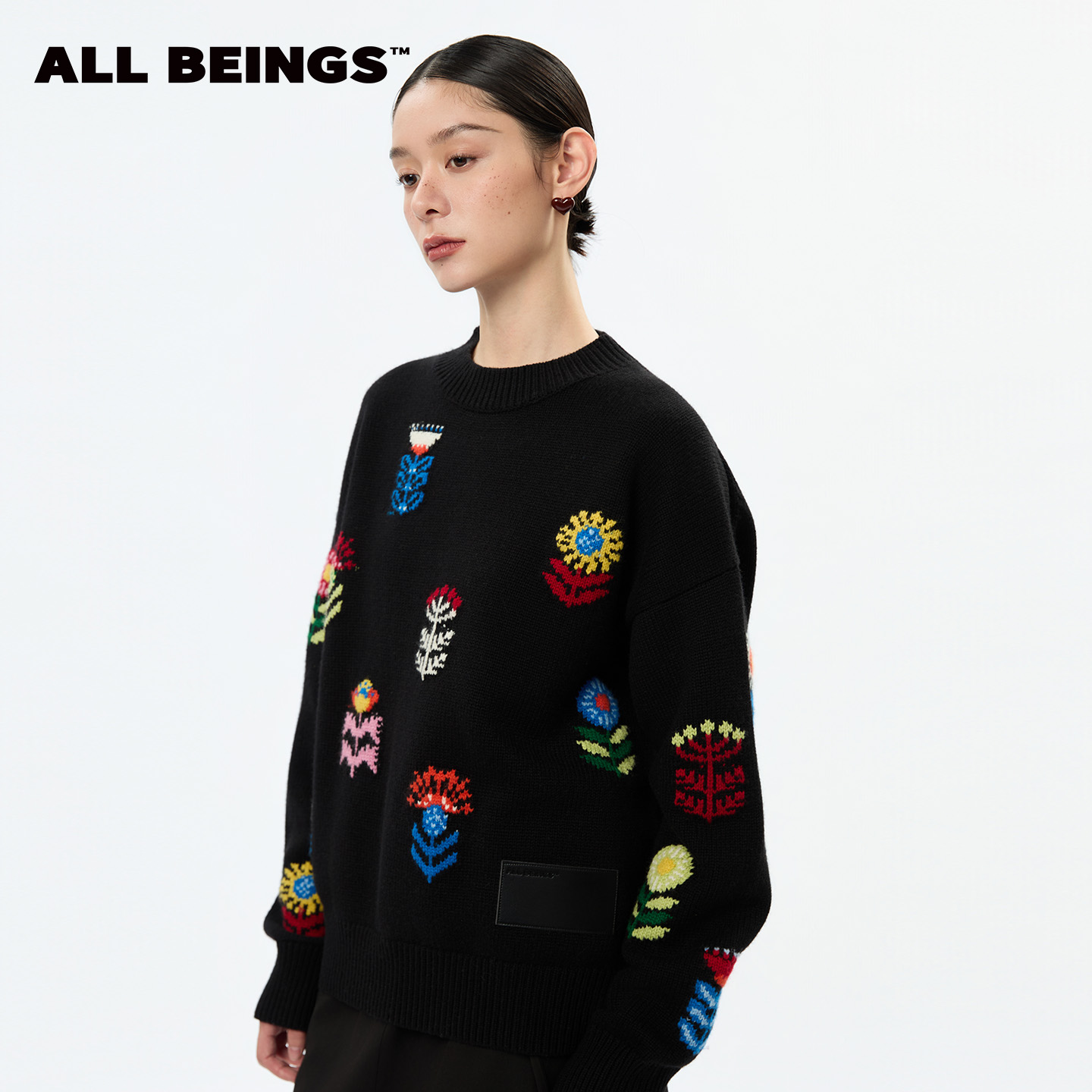 ALL BEINGS25AW设计师新款撞色宽松花卉提花圆领粗针圆领毛衣女
