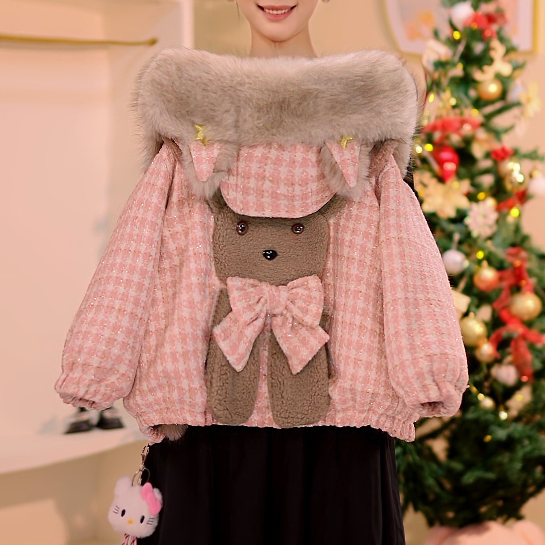 2025冬季女童外套大毛领加绒加厚可爱格子毛毛外套5530007154