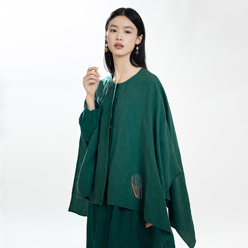 水果酵素洗高密色织亚麻暗门襟连身蝙蝠袖竹色斗篷披肩