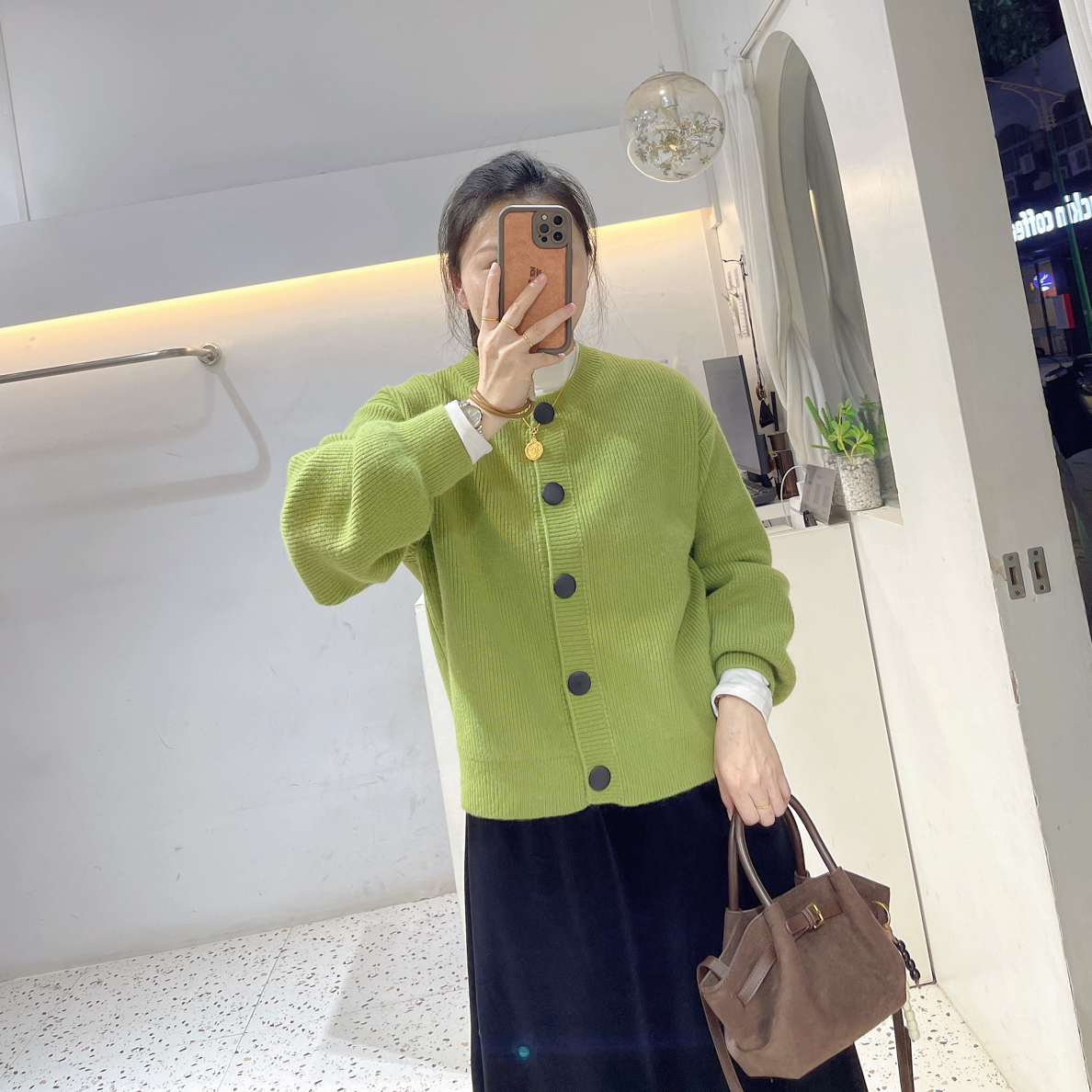 韩版圆领单排扣针织开衫女慵懒风加厚羊毛外套8943