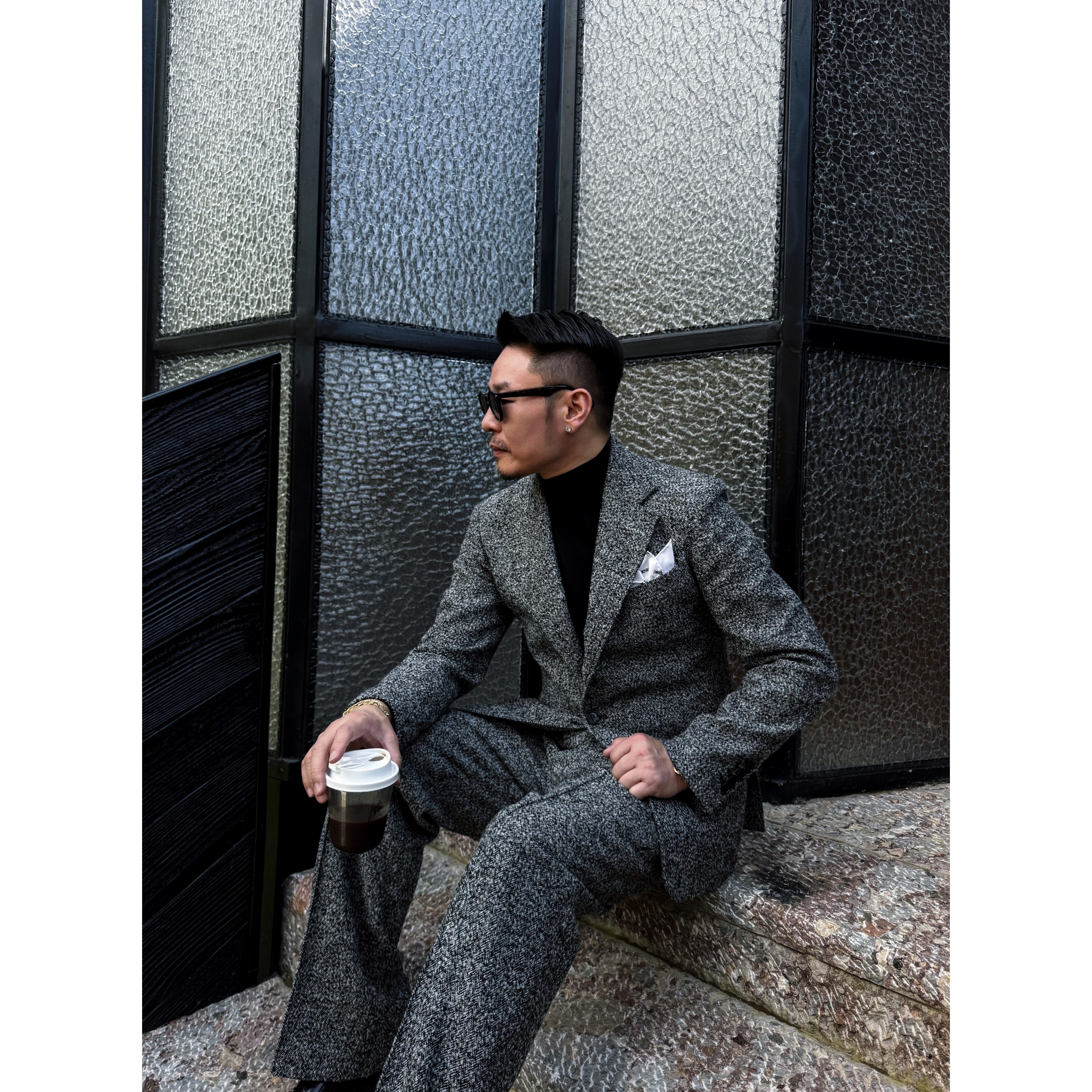 DRUNKCORNER 【格雷主义】人字纹雪花灰平驳领西服双褶西裤