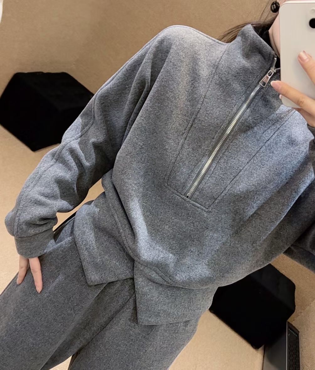 加绒时尚运动半拉链上衣休闲裤连件套装女秋冬新款