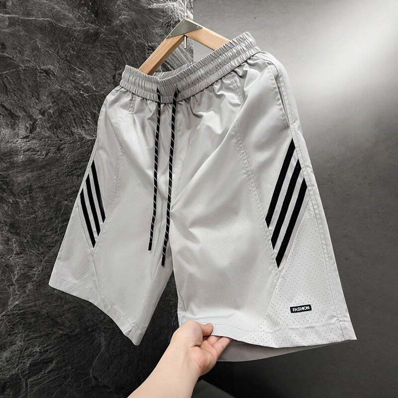 夏季男士大码短裤激光冲孔三条杠美式冰丝垂感宽松五分裤DK5883