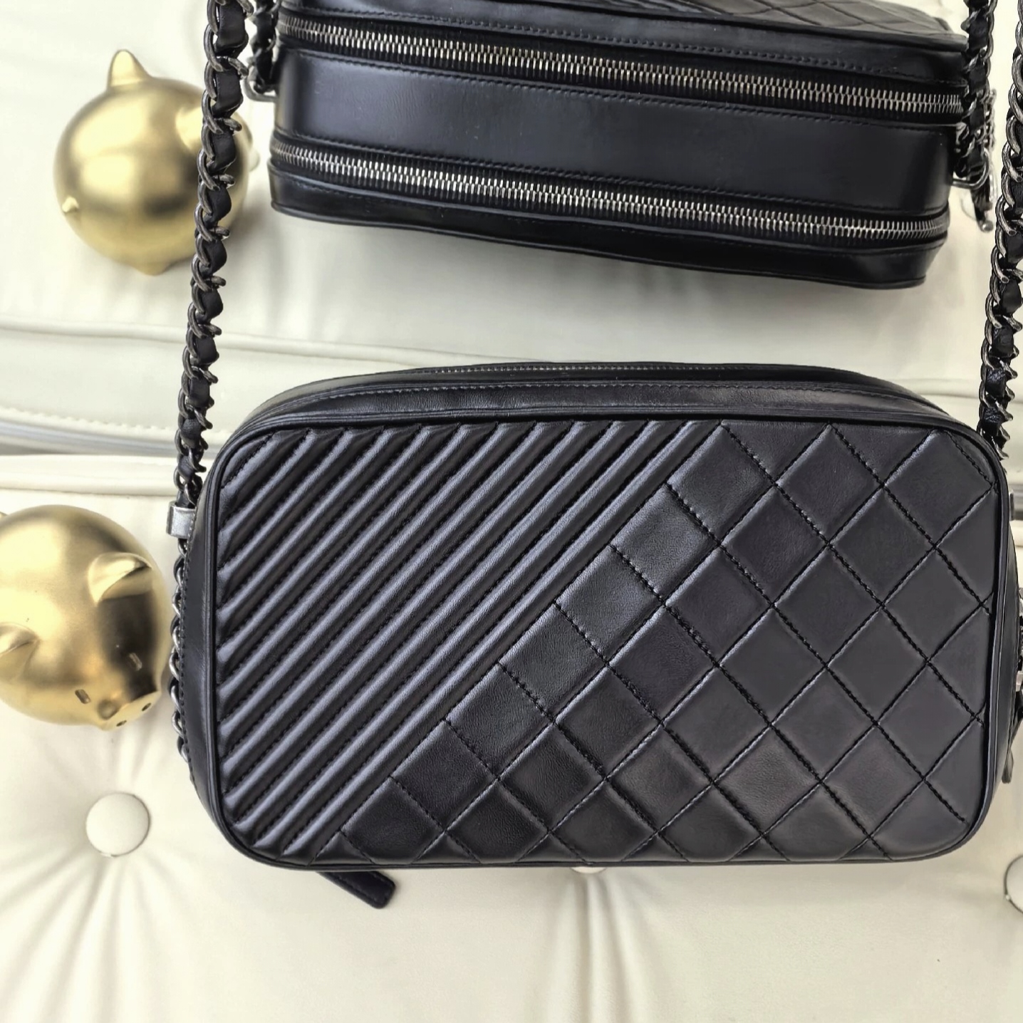 95新 Chanel/香奈儿 蔚蓝中古/黑色相机包 菱格纹拼斜纹