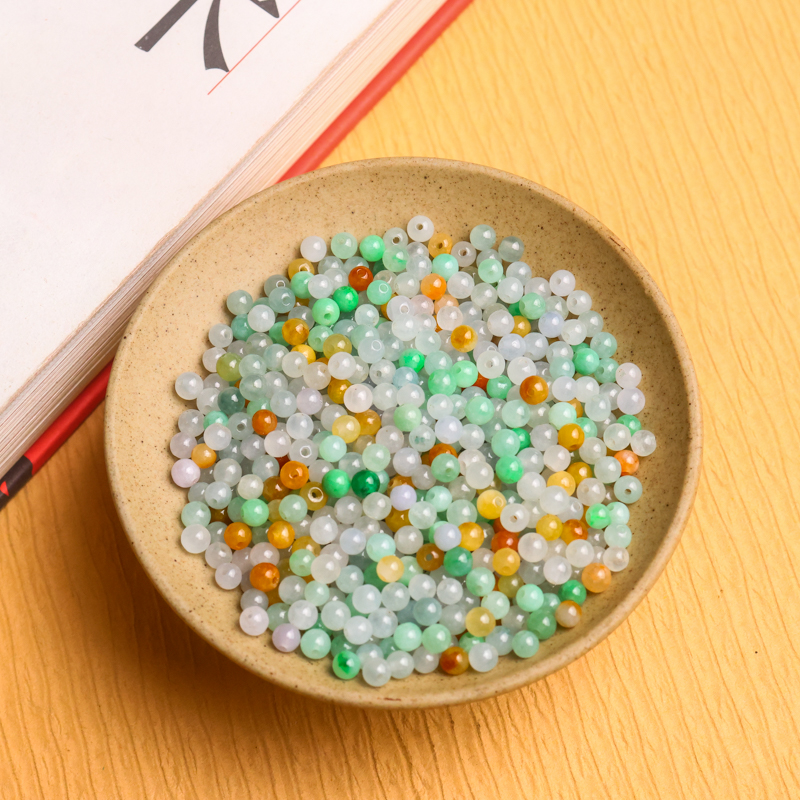 天然缅甸翡翠A货3.5mm冰透三彩小米珠DIY散珠子手链项链配饰专用