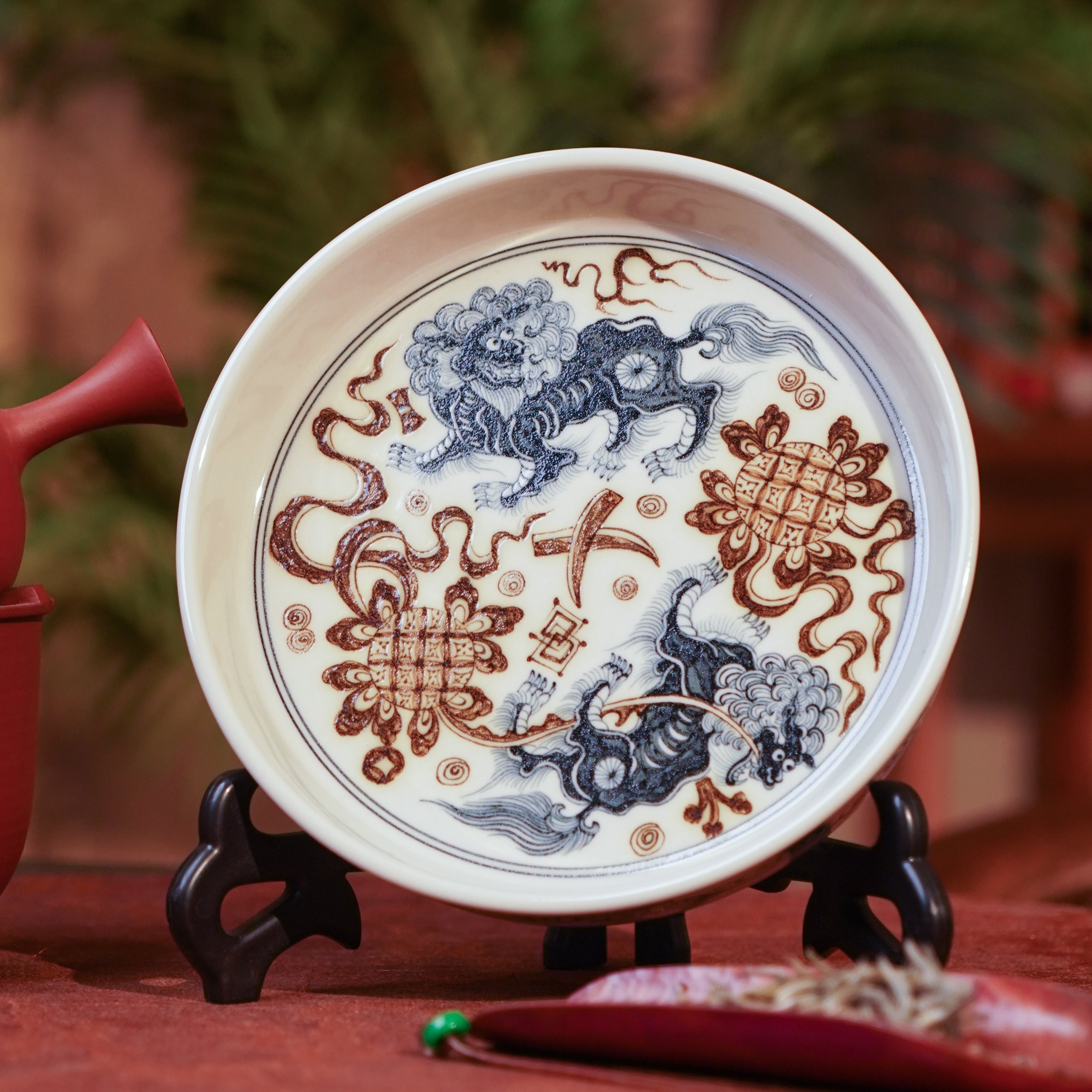 渐升堂  青+金双狮壶承  茶具中式茶道陶瓷饮茶  