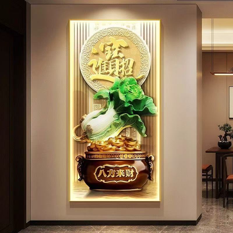 无品牌百财纳福新中式葫芦白菜玄关装饰画 寓意美好走廊过道挂画