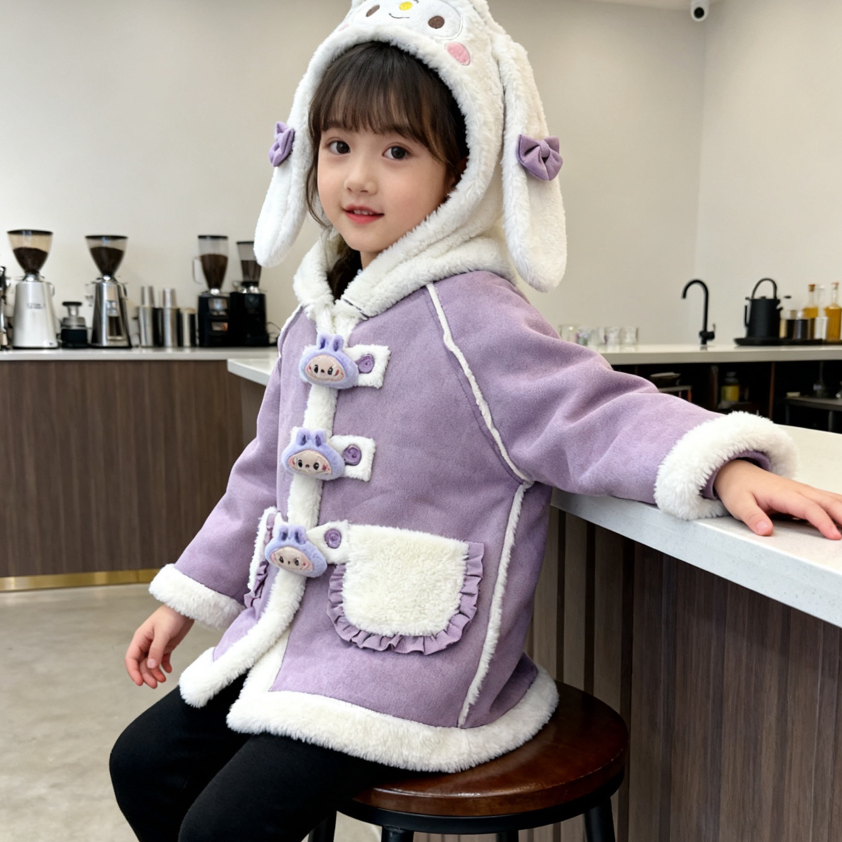 2025年新款卡通女童库乐米皮毛一体外套加绒