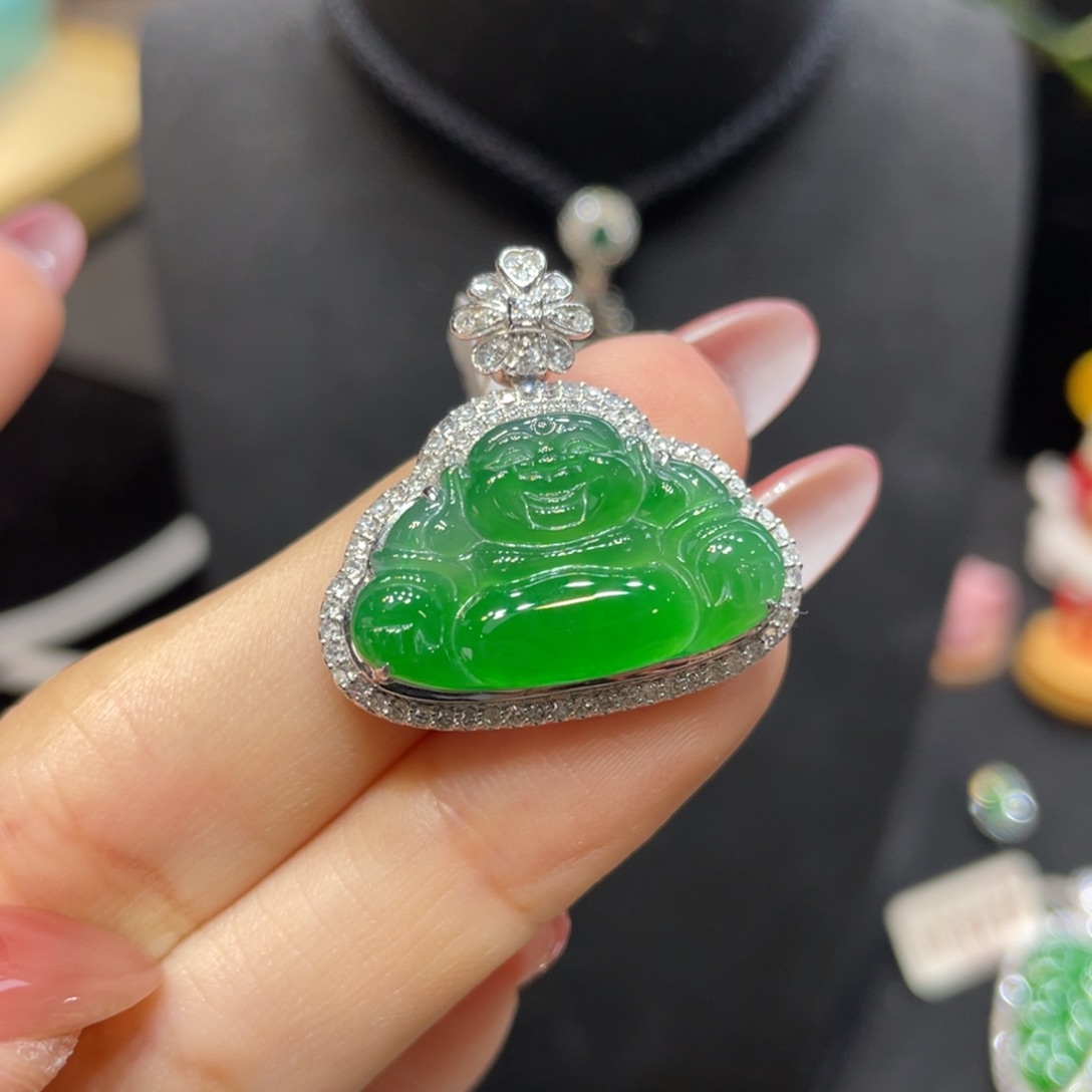 翡翠18K金镶嵌颈饰霏*天然缅甸翡翠a货