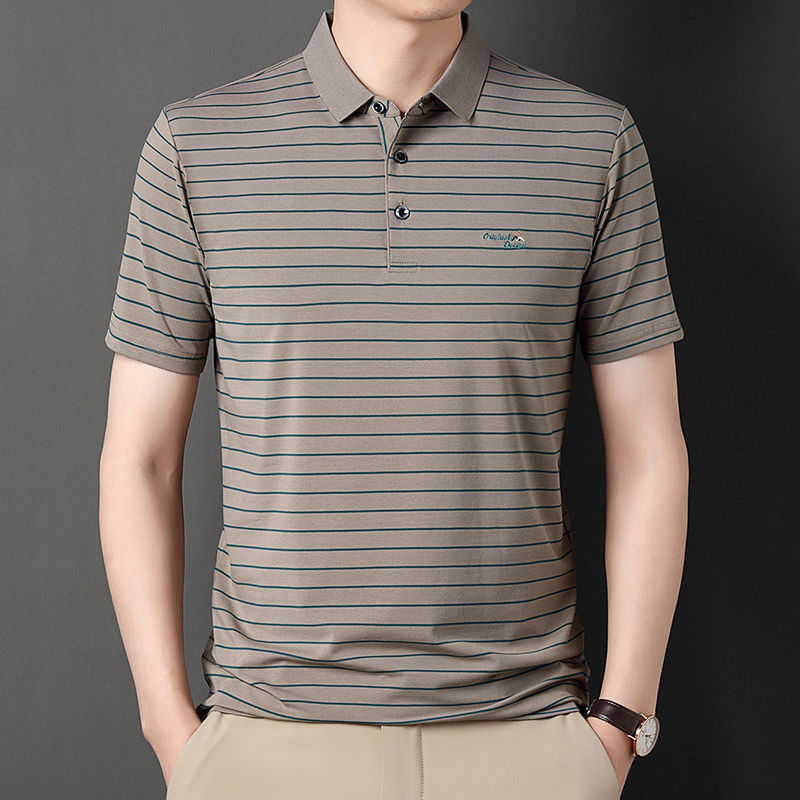 500-560夏季短袖商务休闲条纹中年Polo衫休闲翻领透气宽松上衣