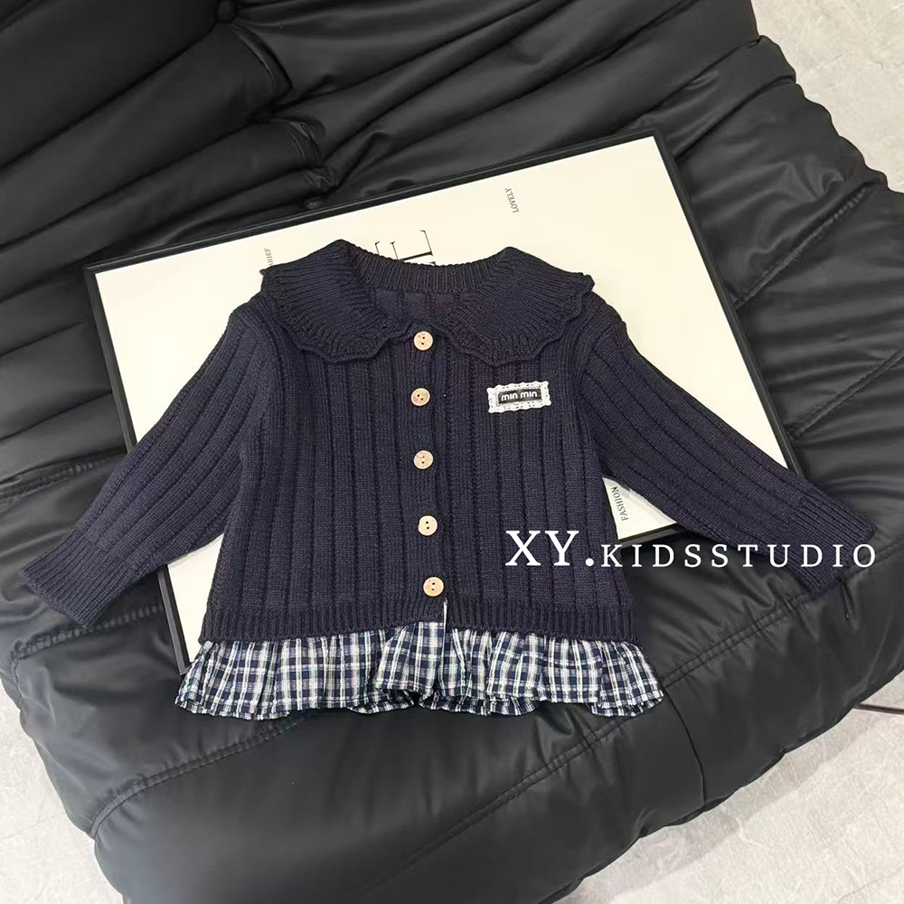 现货小言2025秋季长袖香蕉领学院风撞色女毛衣秋冬黑色女童童装