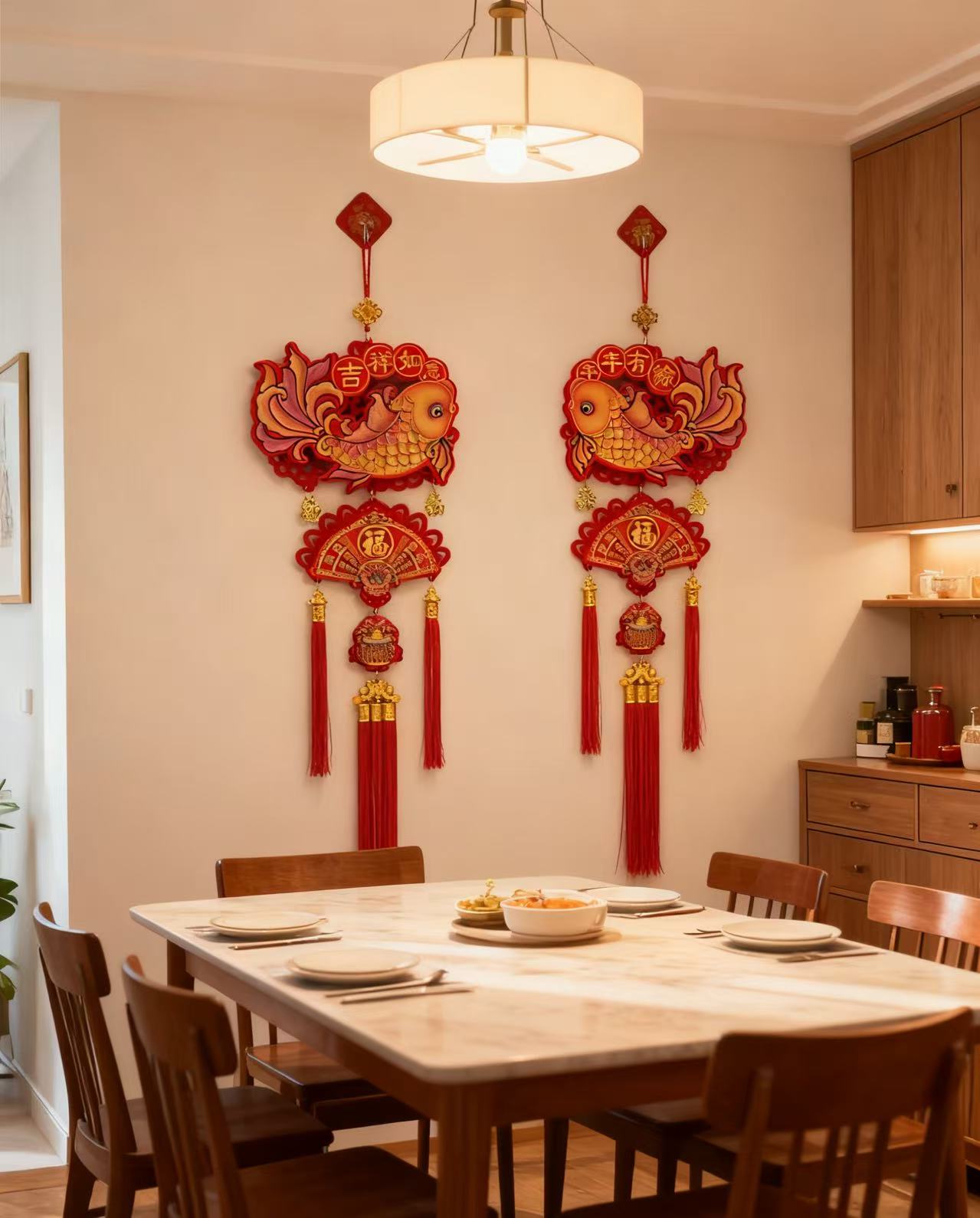 大弯鱼扇子三件套【2串】随机装饰乔迁挂饰布置客厅挂件福字喜庆