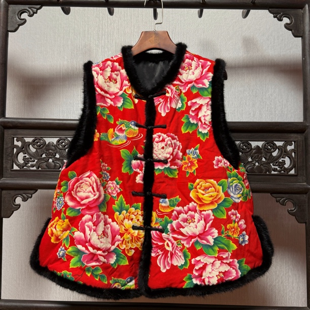 【土花花】老料非遗手作对襟水貂毛夹棉马甲