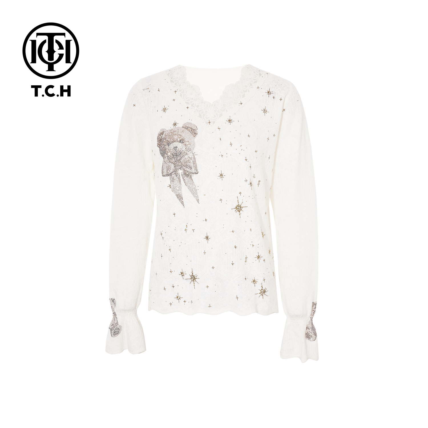 TCH私服秋冬慵懒风烫钻时尚淑女白长袖针织衫T75D09E1052轻奢tch
