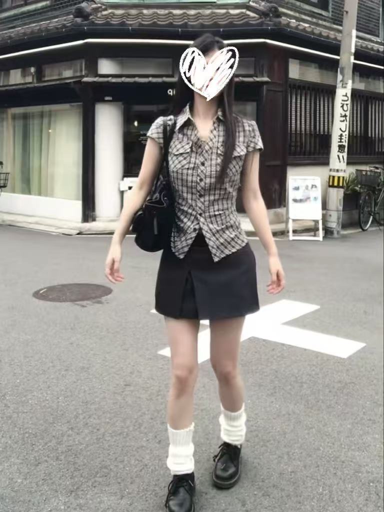 韩系复古格子掐腰衬衫半身裙胖MM夏季减龄显瘦一整套穿搭