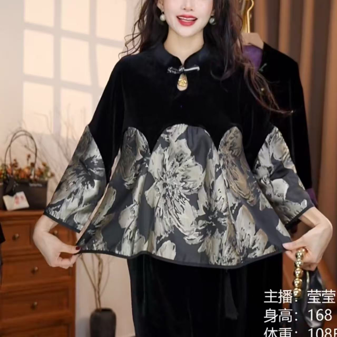9069今年流行新中式设计感丝绒衬衫女春秋国风复古拼接长袖打底衫