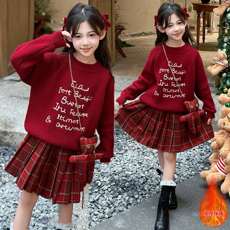 女童秋冬款洋气年服套装裙2024冬季洋气女孩红色毛衣百褶裙