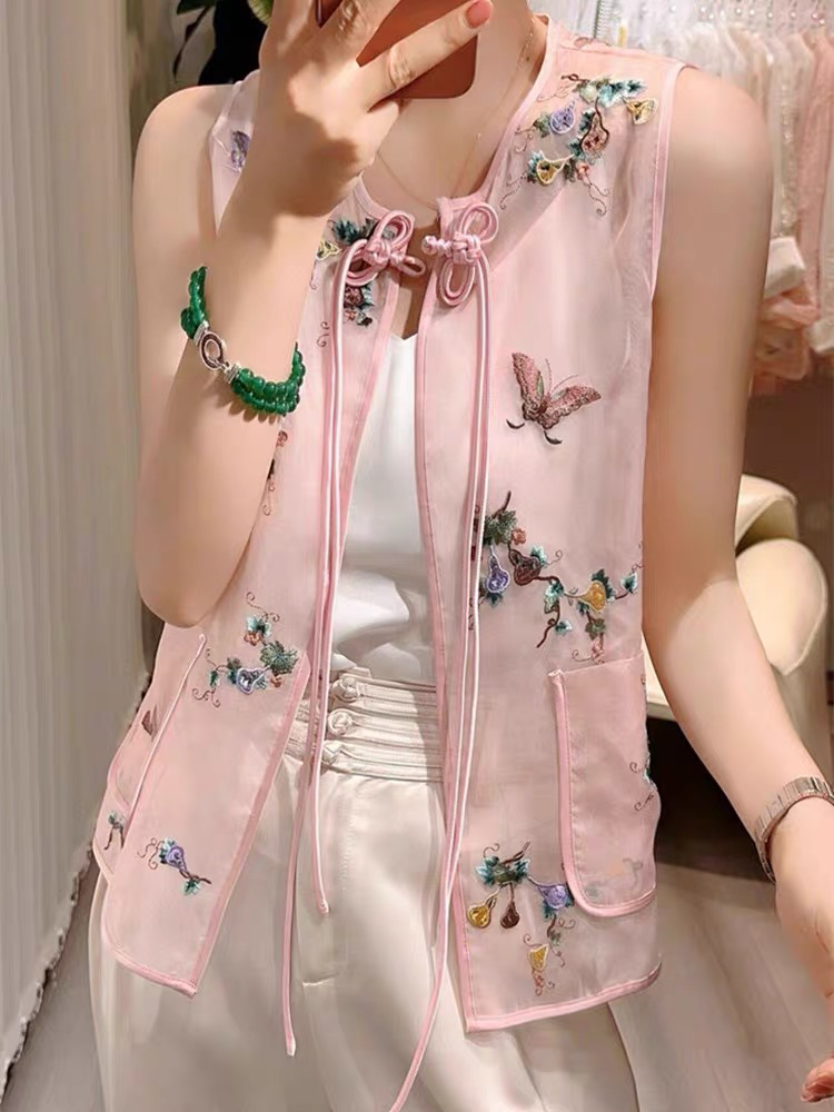 南油朱朱粉色欧根纱国风马甲537