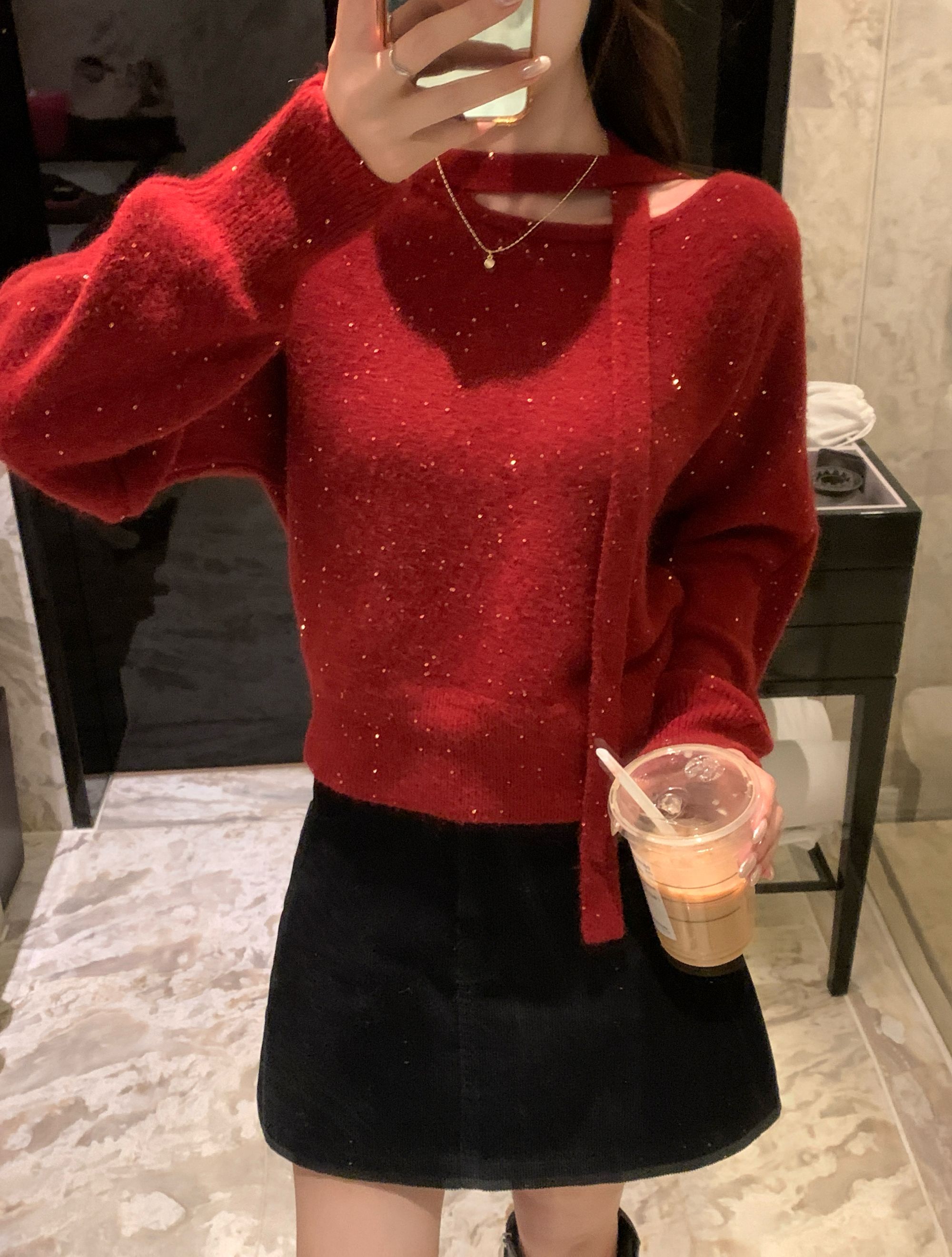 亮片飘带加厚羊绒毛衣女新款秋冬可外穿收腰内搭打底针织上衣8032