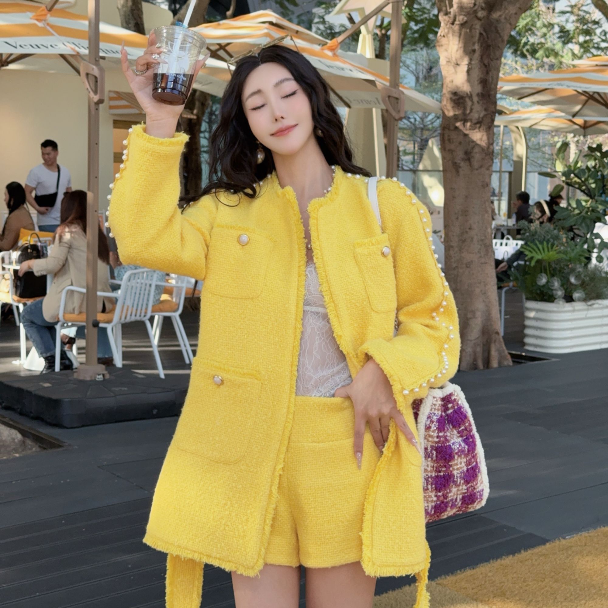 DIYI【阳光暖心】黄色珠珠边四兜外套短裤两件套装TZ15029