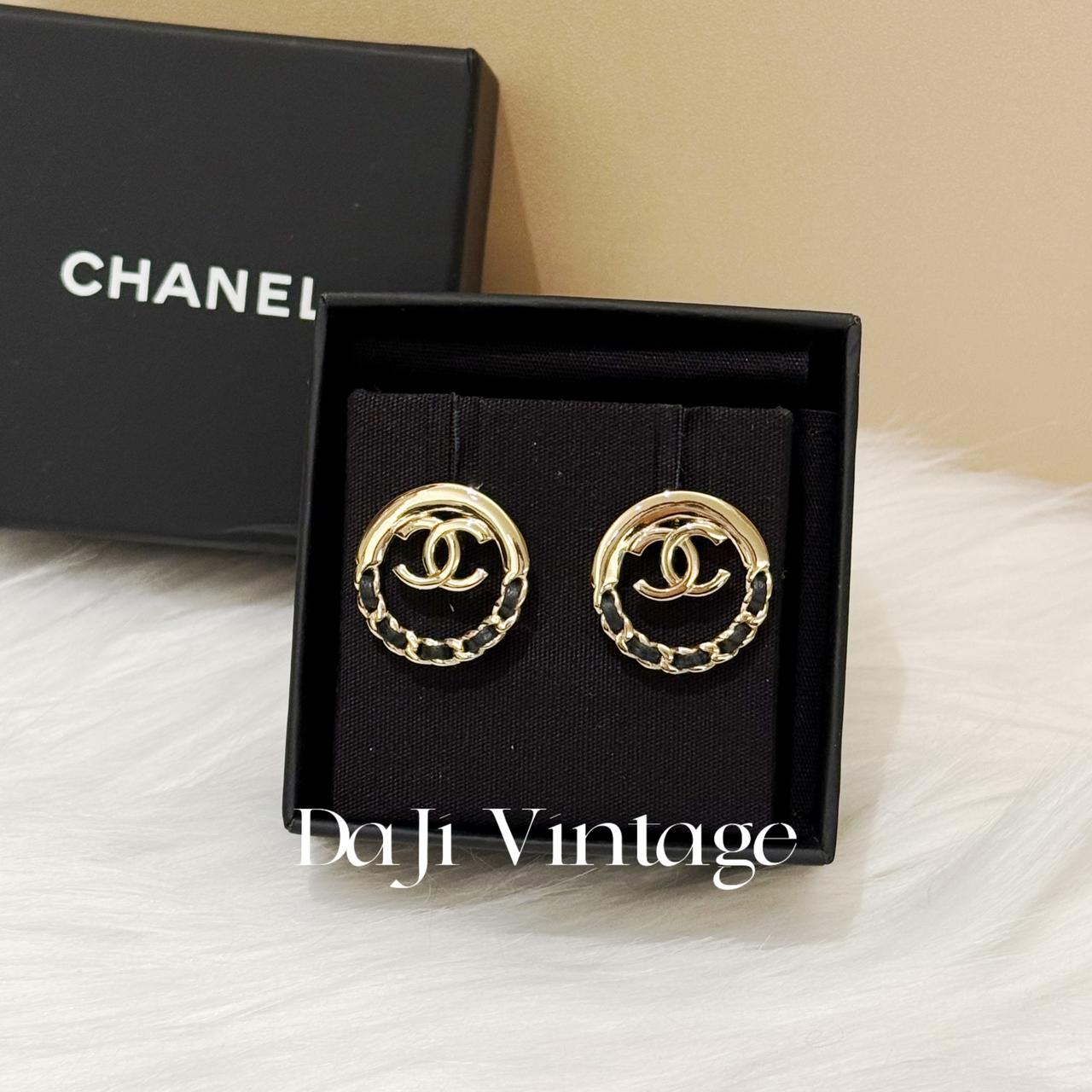 大吉中古/Chanel香奈儿金色镂空皮穿链耳钉