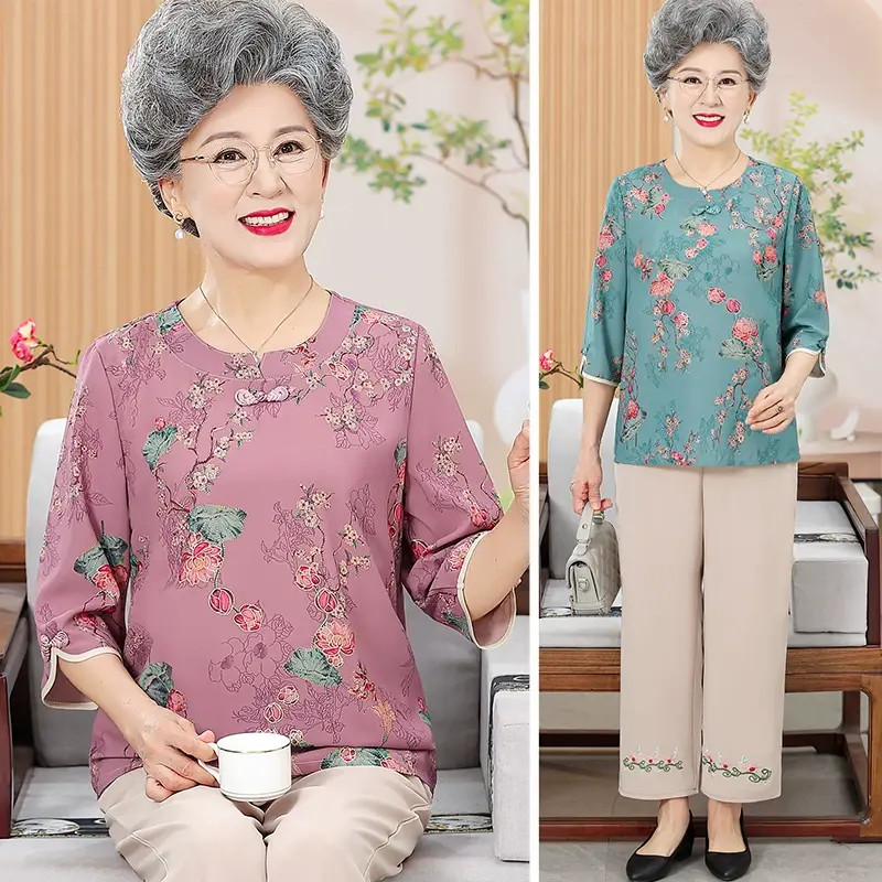 C137婆婆新款夏季薄款冰丝套装奶奶短袖T恤中老年人女上
