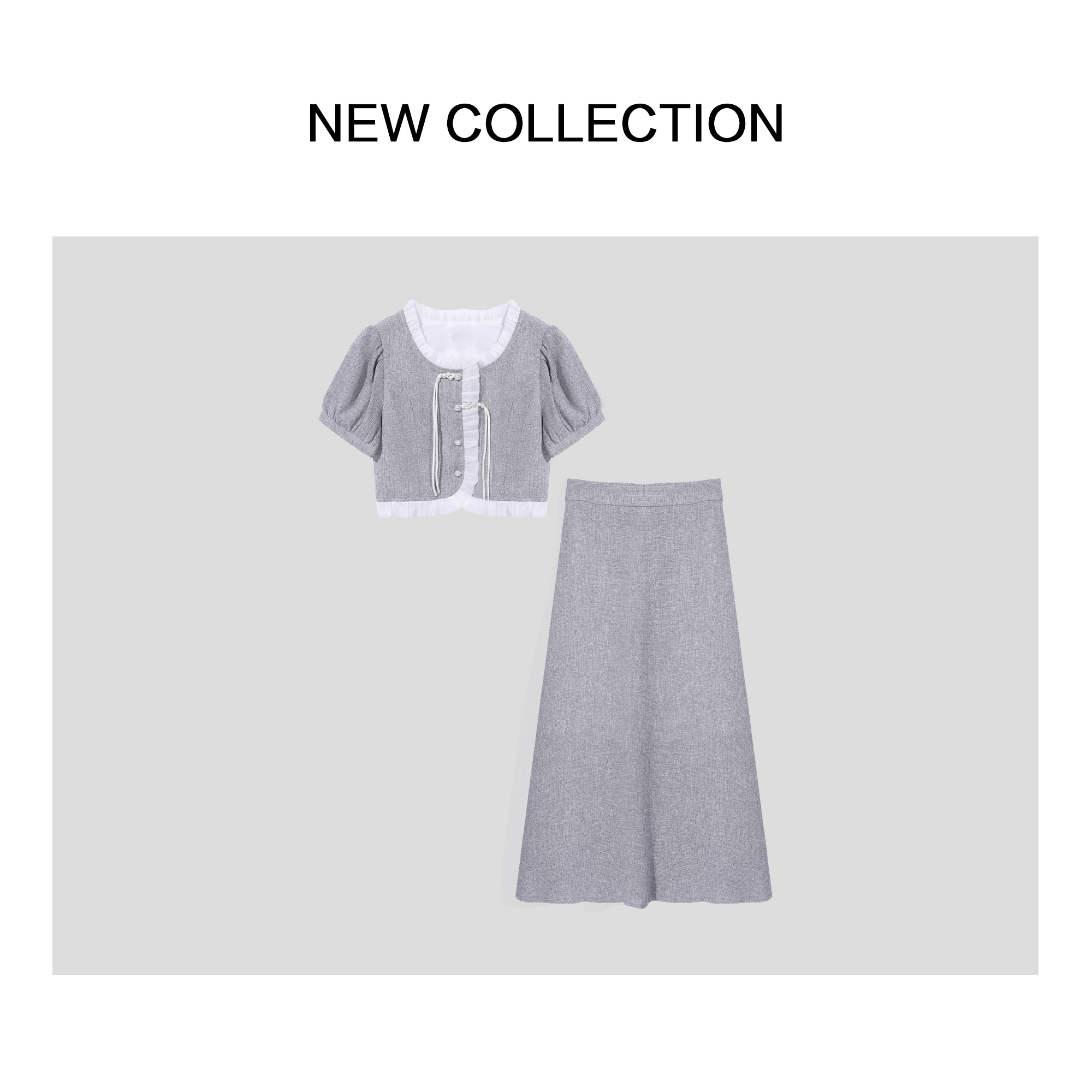 【龙哥专属】褶皱泡泡袖短上衣+法式半身裙套装 D1F28063Y