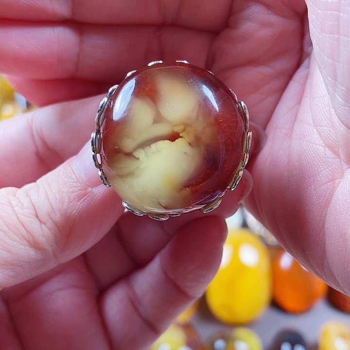 江***侠琥珀银S925镶嵌裸石戒指