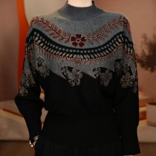 洋气气质提花长袖妈妈针织衫2025秋冬新款烫钻减龄百搭女士毛衣