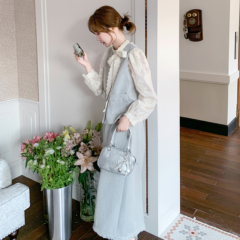 2025秋季法式马甲蕾丝上衣裙子时尚小香风套装蕾丝装洋气气质长袖