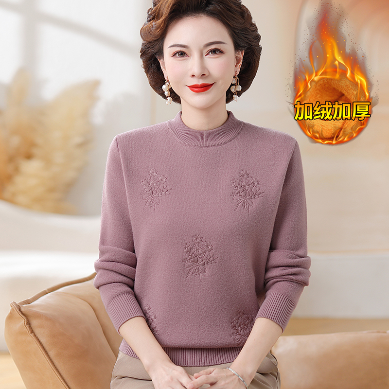 妈妈装冬季2025新款加绒加厚毛衣女中老年人一体绒保暖内搭打底衫