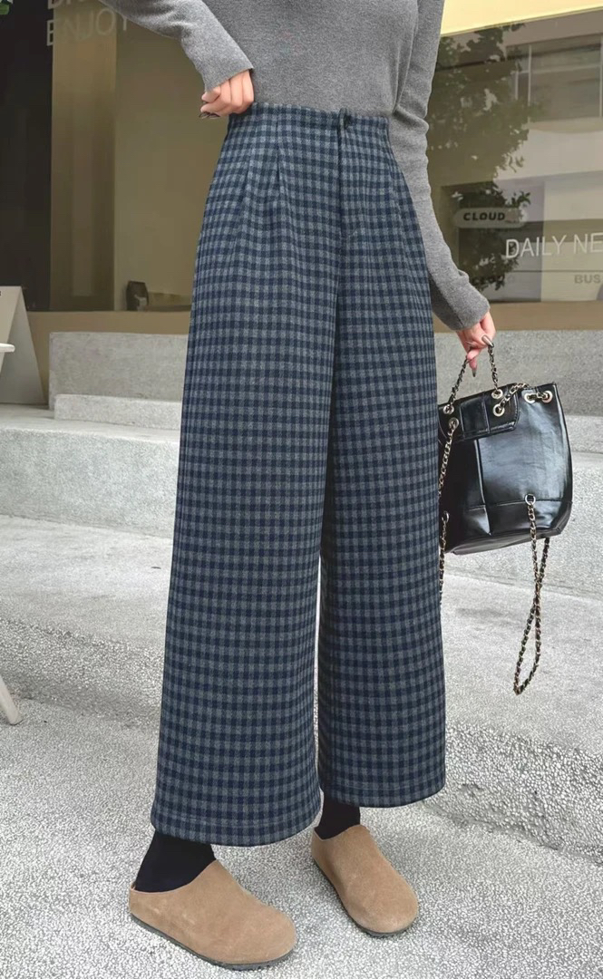美美推荐8889 奥利绒加厚加绒格子休闲裤阔腿