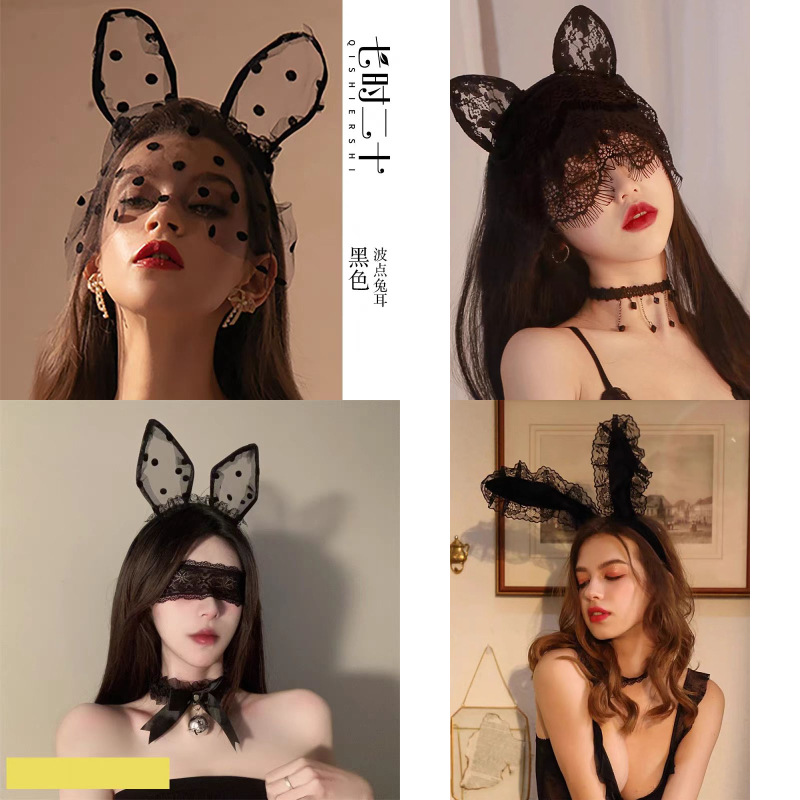 网红百搭甜美发箍金丝绒大耳朵黑色花边可爱配件组合