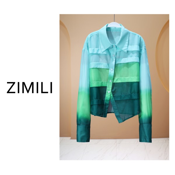 【子秋女装】2025夏《汪洋》轻薄冰凉感夏日绿色渐变拼接纱衬衫8016