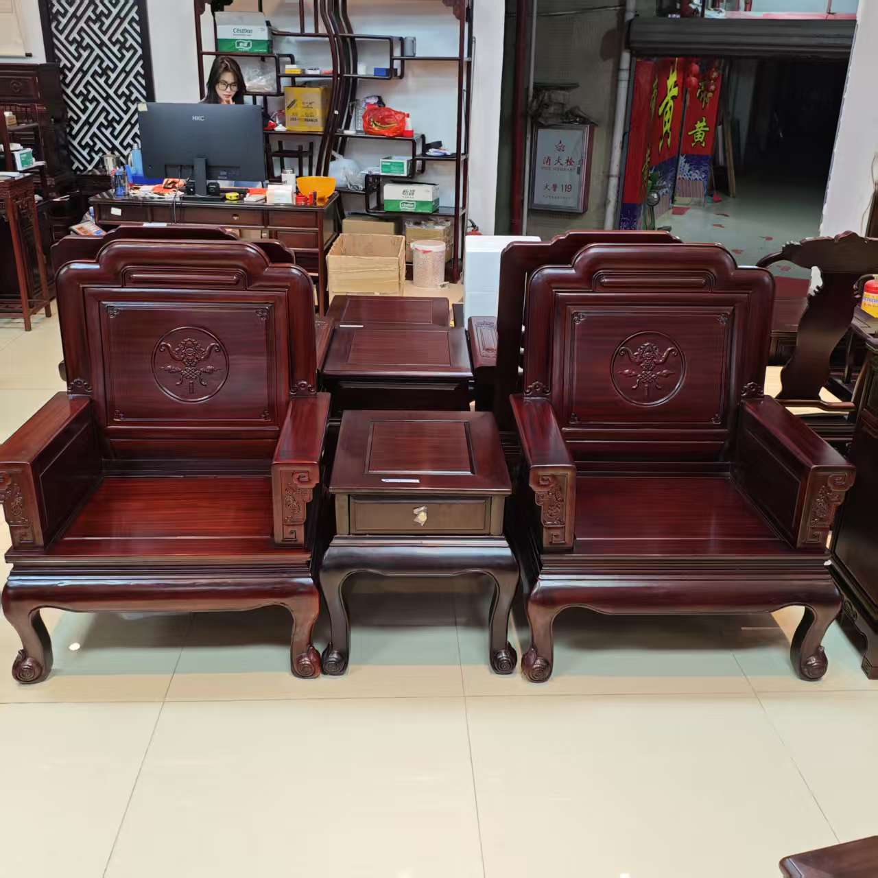 酸枝木孤品蝙蝠蝴蝶结三件套总占地：长235宽70坐高39背高109