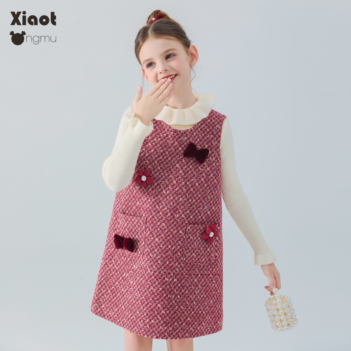 小童木 甜美小香风女童连衣裙冬季新款喜庆年服女大童花朵背心裙