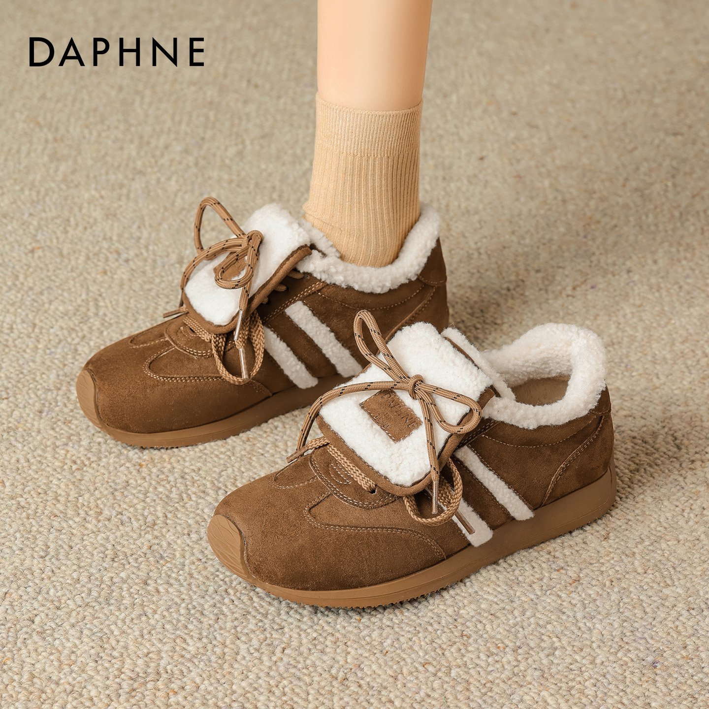 达芙妮复古德训鞋女款2025新款冬季加绒保暖阿甘鞋子厚底毛毛棉鞋